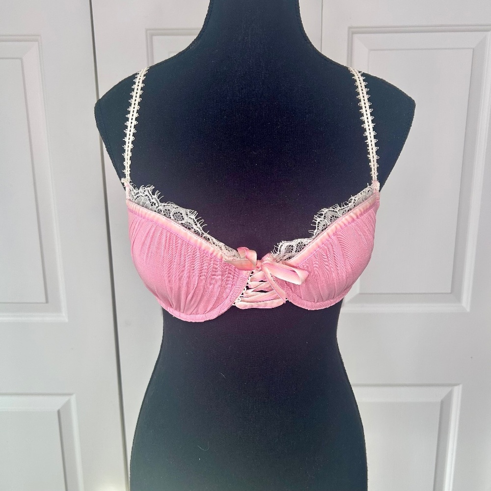 NWOT Pink Bra with Ruched Cups, Lace and Corset Lacing Details in Size 34B